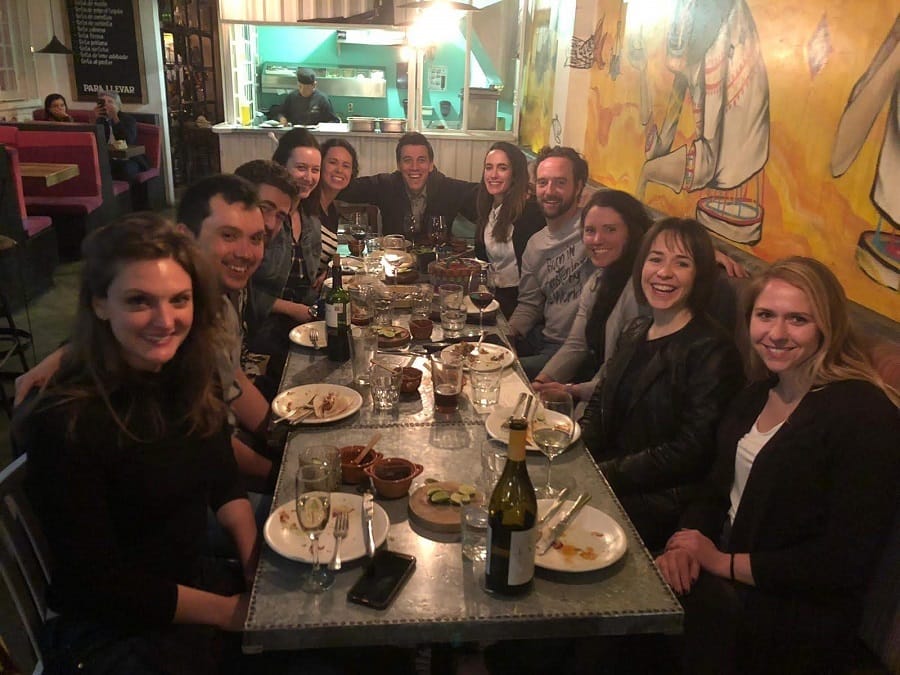 MovingWorlds Institute Global Fellows enjoying a sendoff dinner in Mexico City