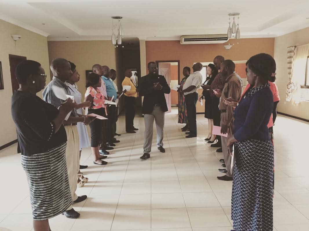 Maurice Nyambe leading an ice-breaker during the 2-day Monitoring and Evaluation training for grant partners.