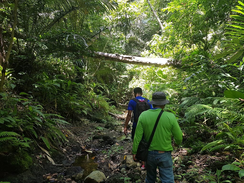 Skilled volunteer Stephen with AIDFI team member trekking to water source in Upper Atok Philippines 