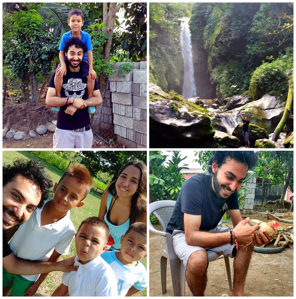 A collage of Rustom (bottom right) with other HCA volunteers and students (bottom and upper left) and Honduras scenic waterfall(upper right)