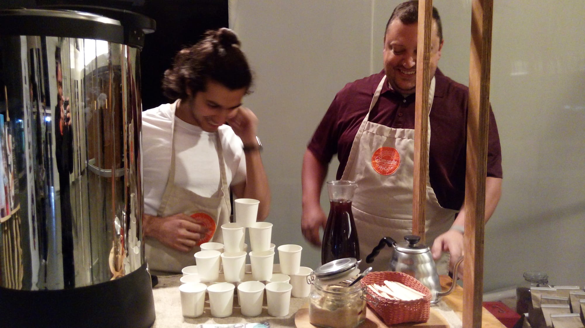 Jeremy and Varun brewing coffee at a Compadre coffee catering. 