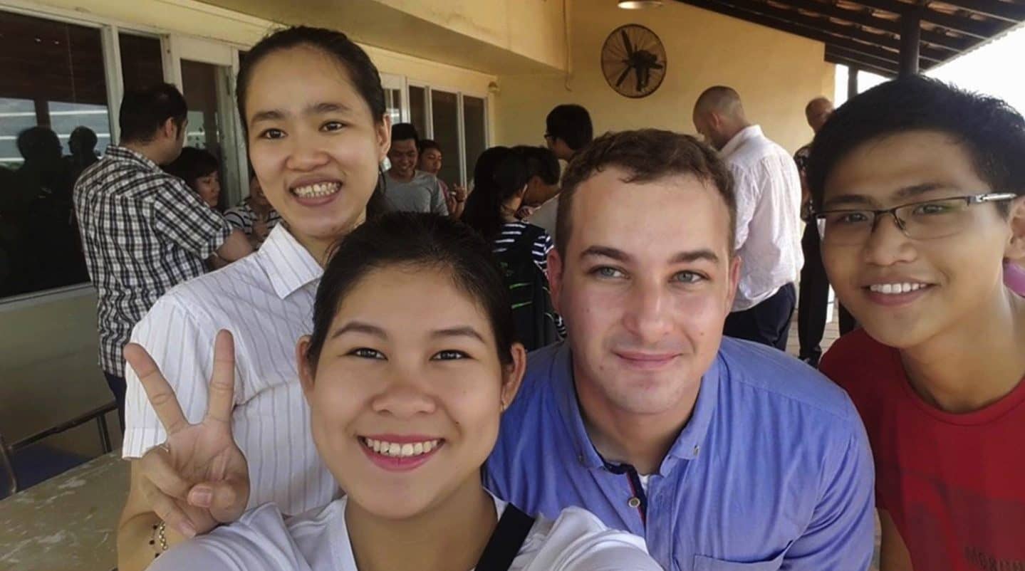 Matt Edward with some students. He currently lives in Vietnam with his wife and works as an English teacher. He and his wife plan to start their own business in the Vietnam in the coming months.