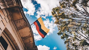 Colombian flag against the sky in Bogota