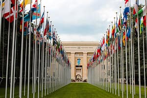 United Nations building with flags