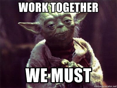 image of yoda with text: work together we must
