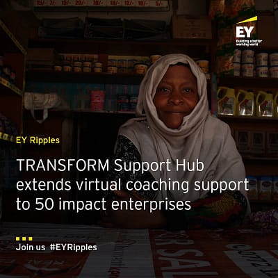 Promotional image for the EY x TRANSFORM Support Hub Coaching Impact Enterprises Across the Globe Program