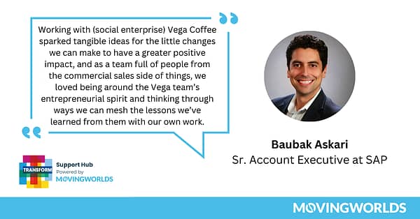 Testimonial quote from SAP employee Baubak Askari about skills-based volunteering with a social enterprise