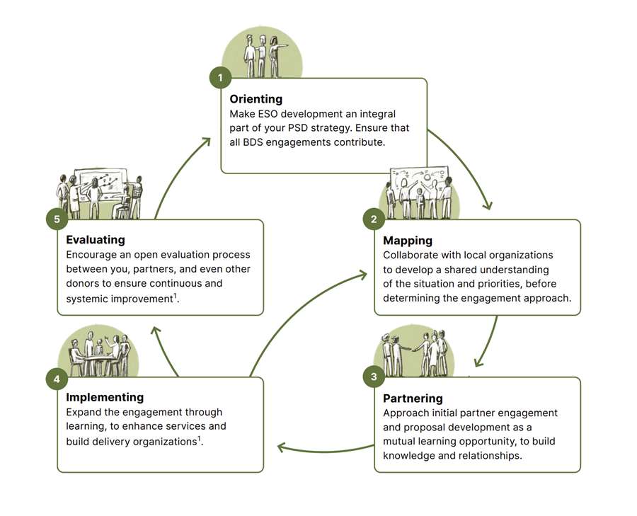 Graphic from the Argidius Sustain Impact report outlining the five phases of donor engagement with enterprise support organizations with a focus on organizational development