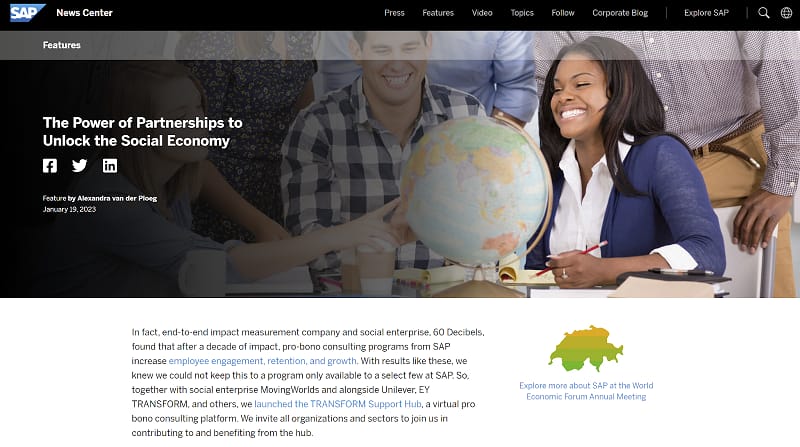 Screenshot of SAP piece announcing new collaboration for social impact
